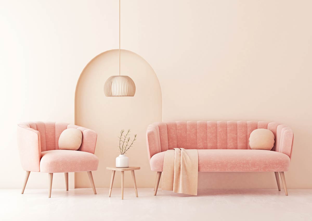 salon rose avec 2 petits divans