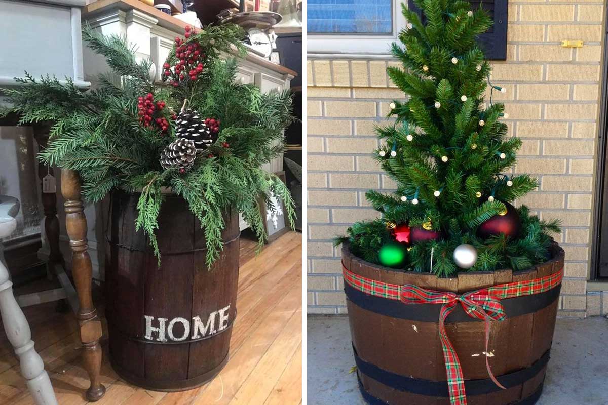 Réutiliser les vieux tonneaux de vin pour décorer pendant les fêtes.