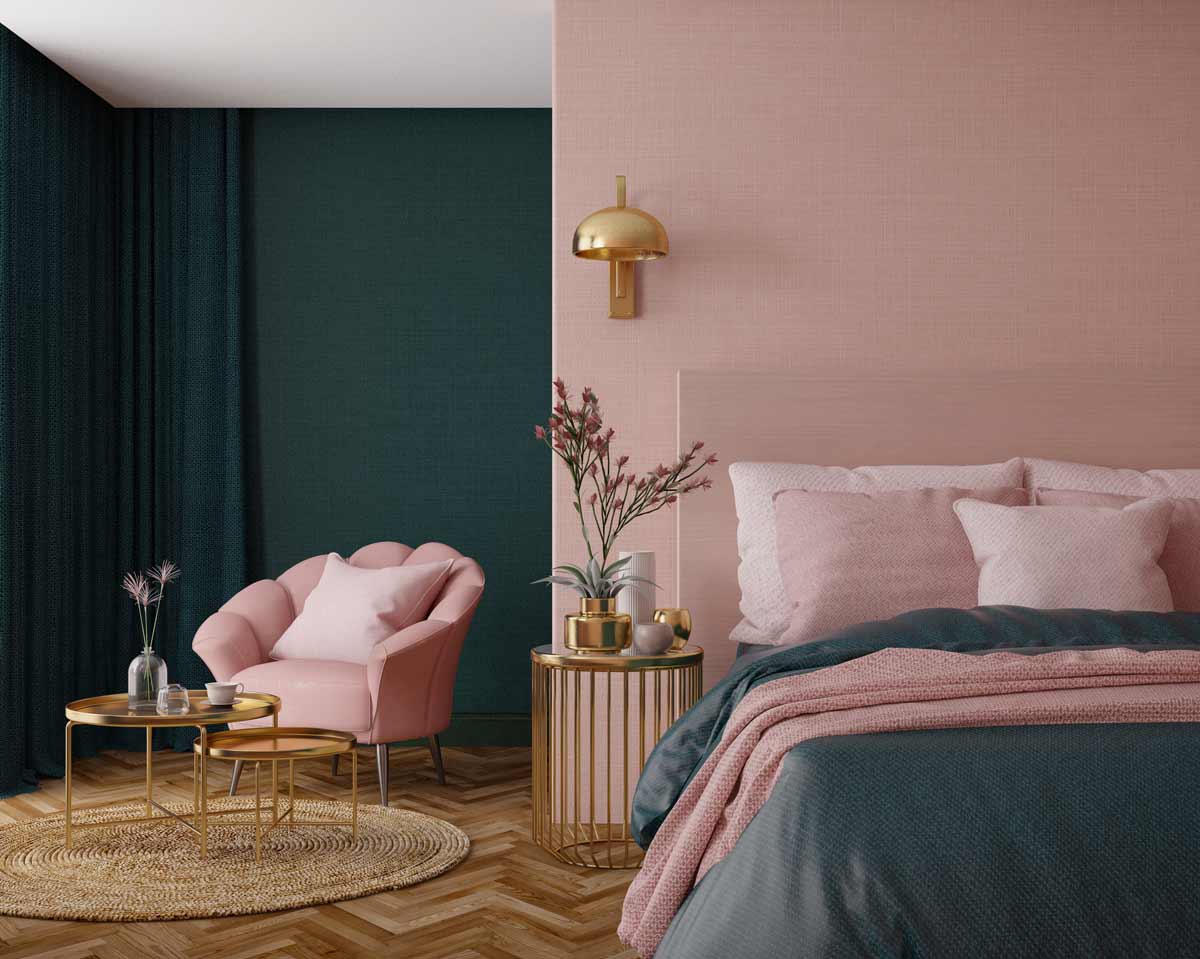 Peindre la chambre à coucher en deux couleurs : vert et rose.