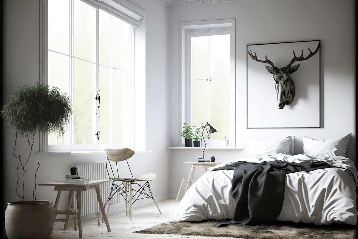 Chambre à coucher avec un mobilier minimaliste.