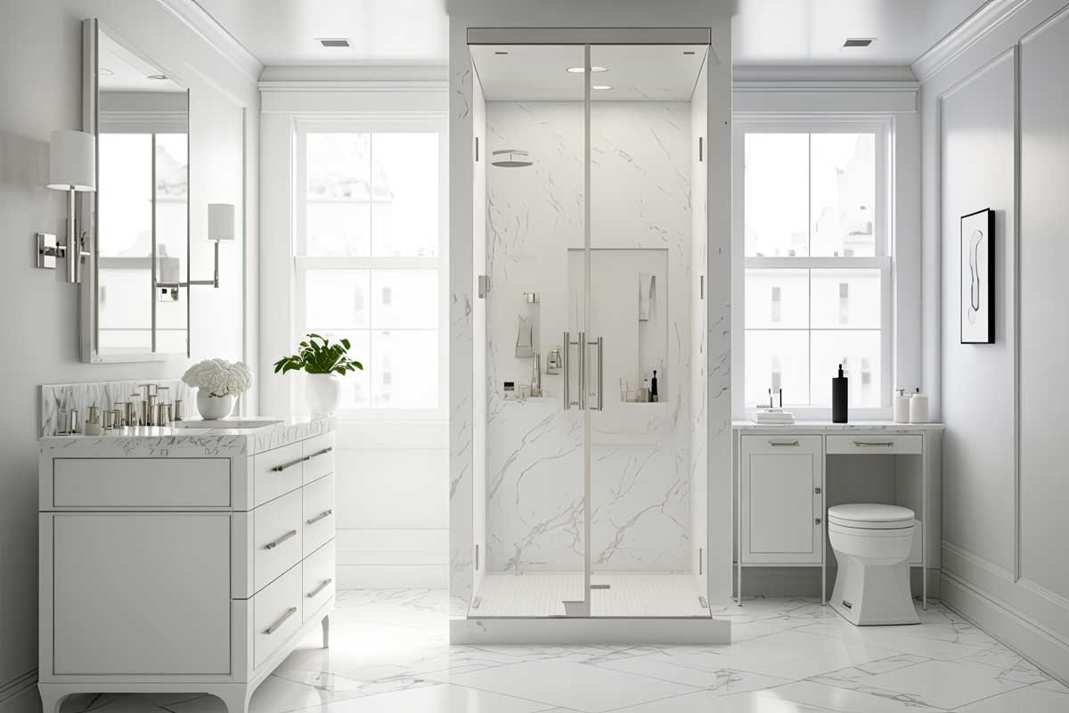 Salle de bains moderne avec cabine de douche en maçonnerie.