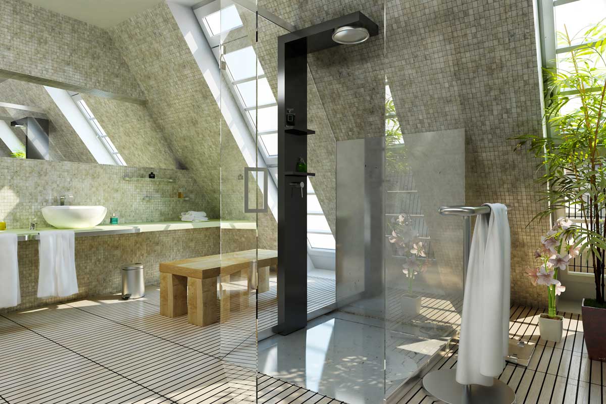 Salle de bain moderne avec colonne de douche.