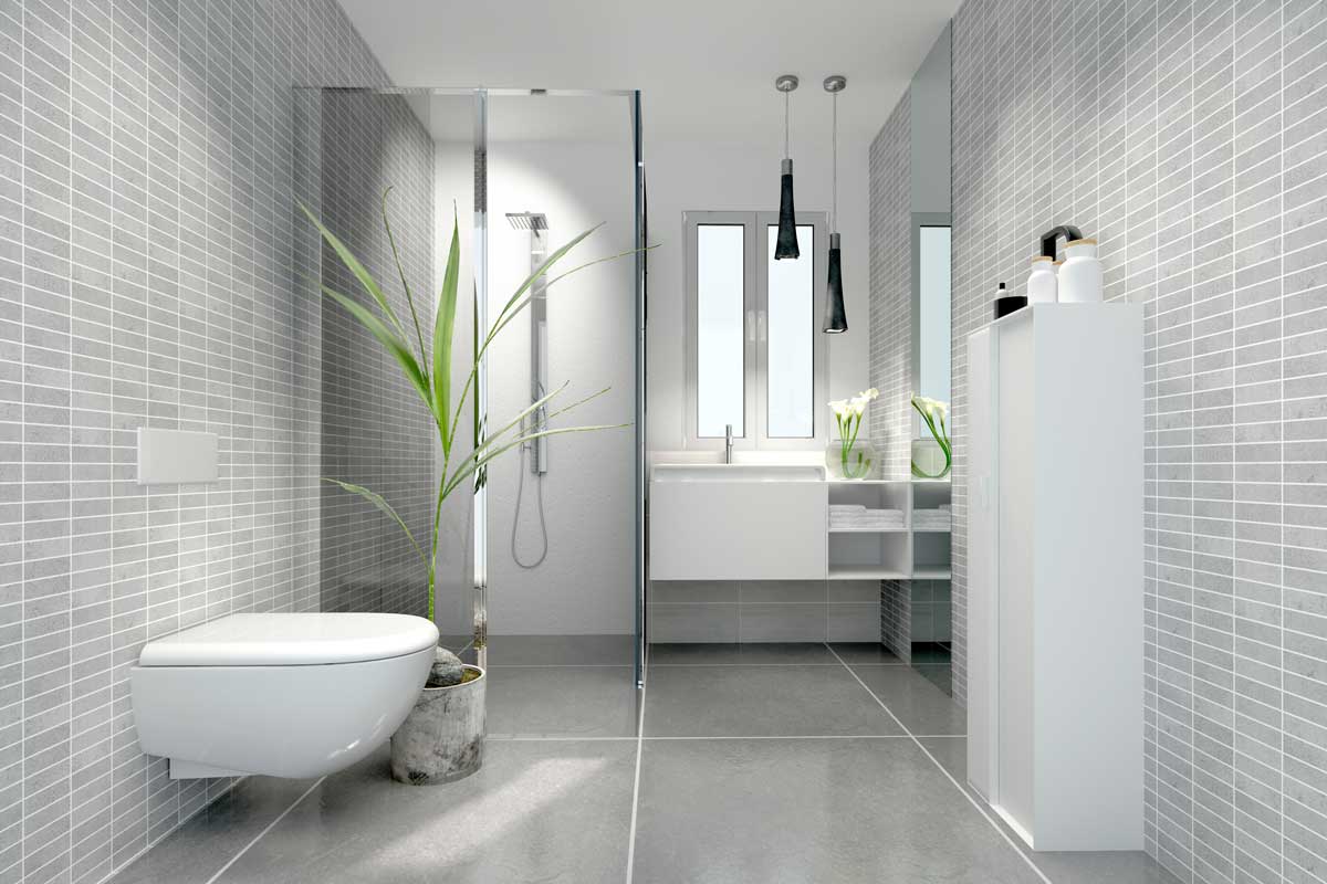 Salle de bain moderne avec douche.