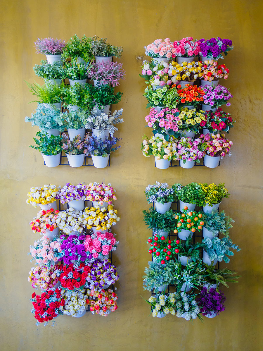 Petit jardin vertical avec fleurs colorées.