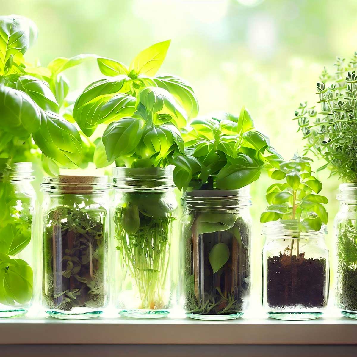 pots en verre avec des semis aromatiques