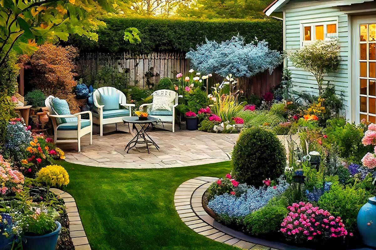 patio avec plantes et fleurs
