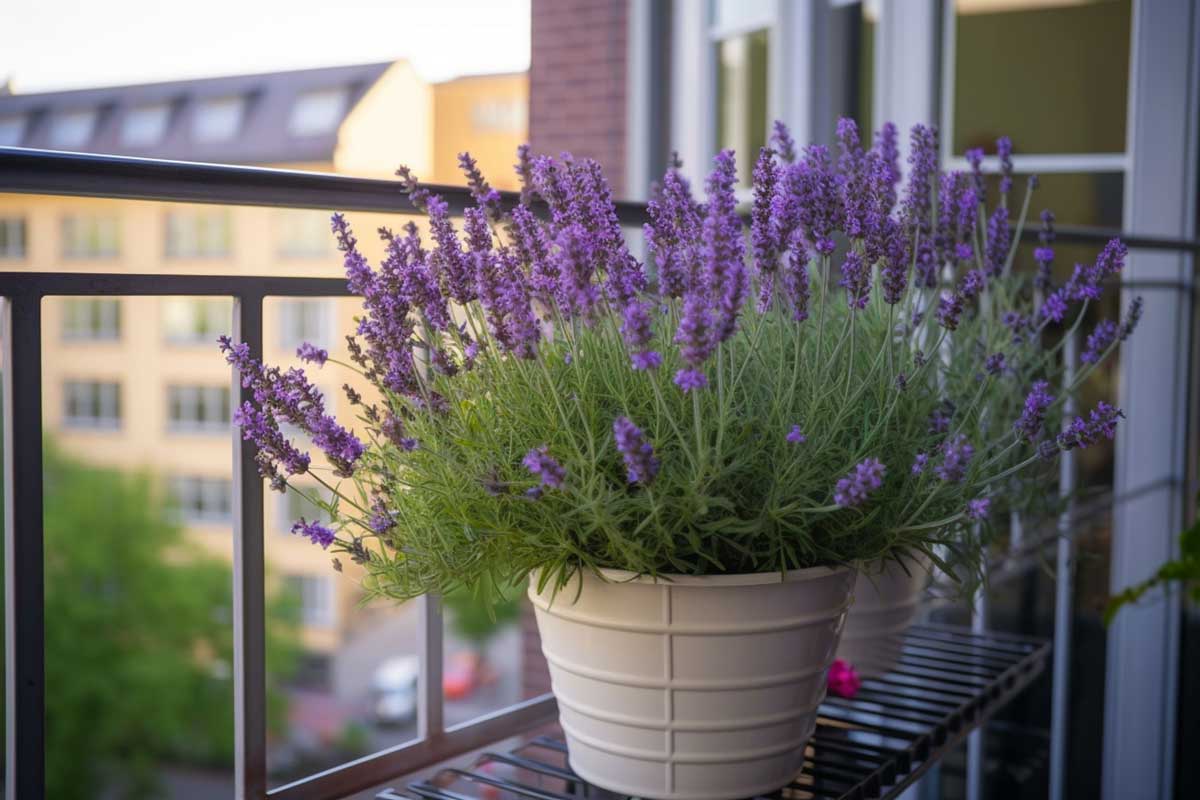 Lavande en pot sur un balcon.