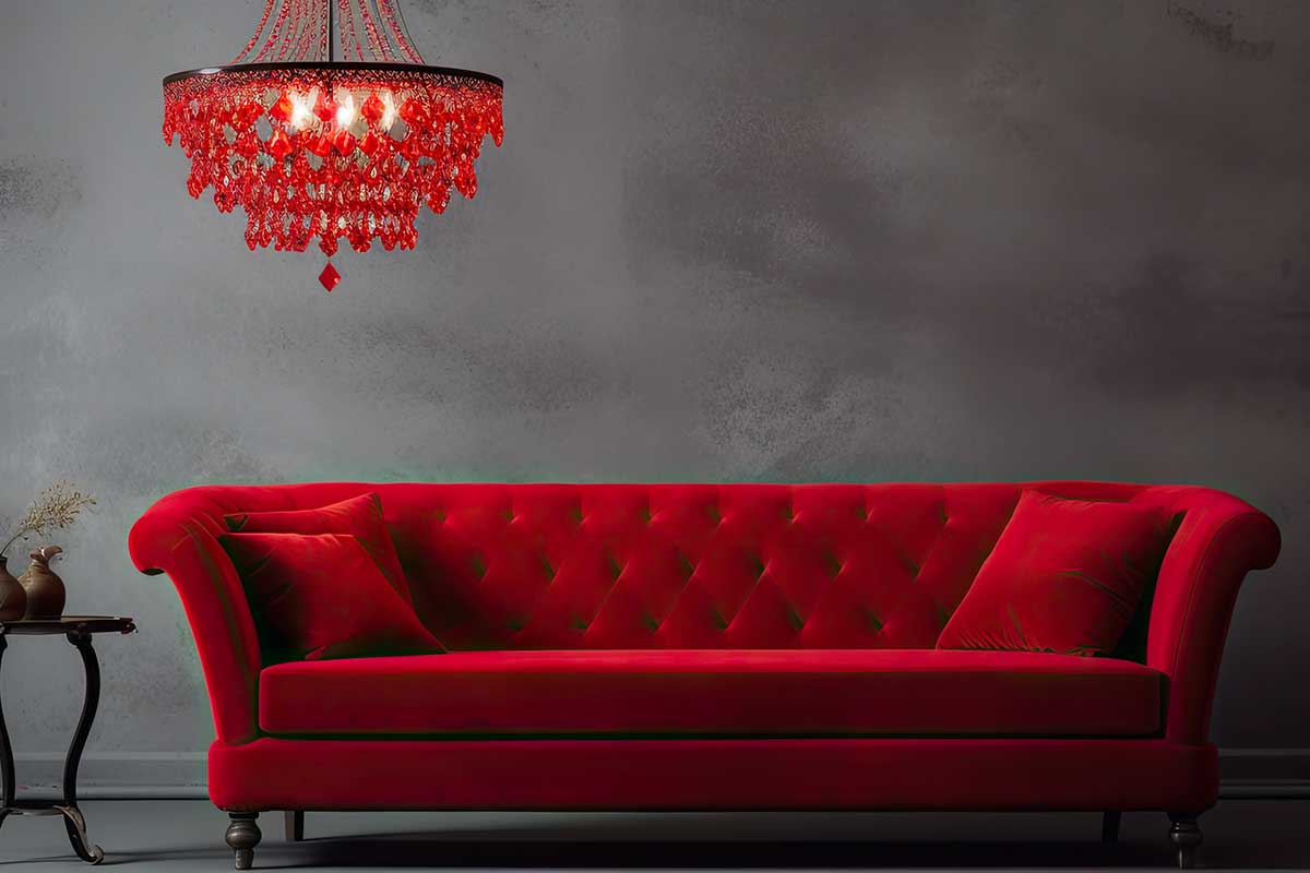canapé rouge avec mur gris