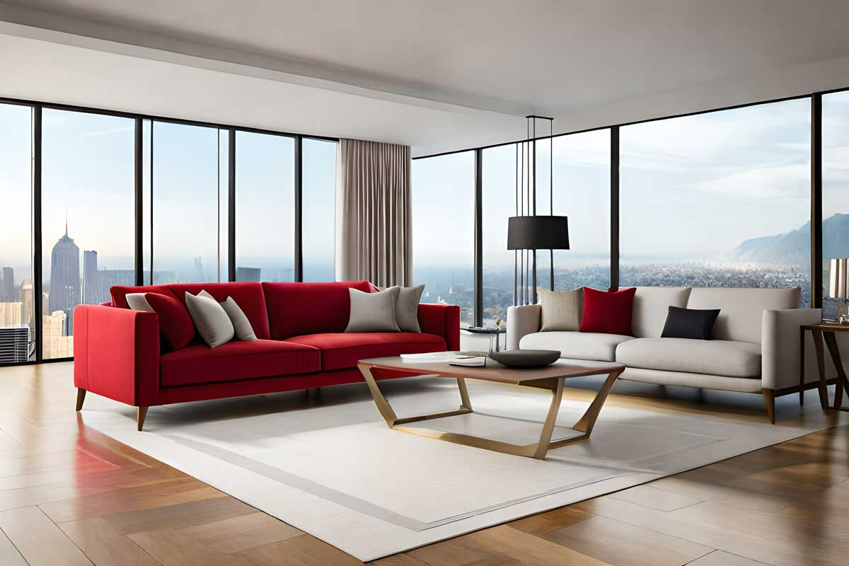 divan rouge avec grand tapis blanc