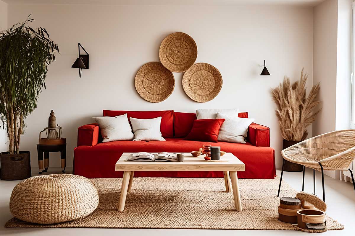 divan rouge avec des meubles en bois clair