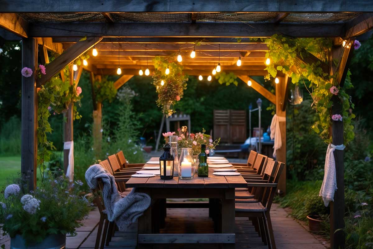 Zones de repas dans le jardin éclairer un soir d'été.