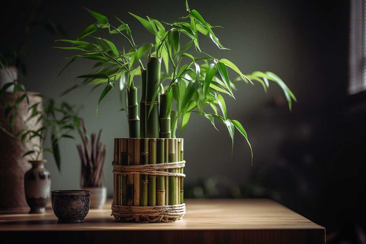 Plante de Lucky bamboo dans un vase en bambou posé sur une table en bois.