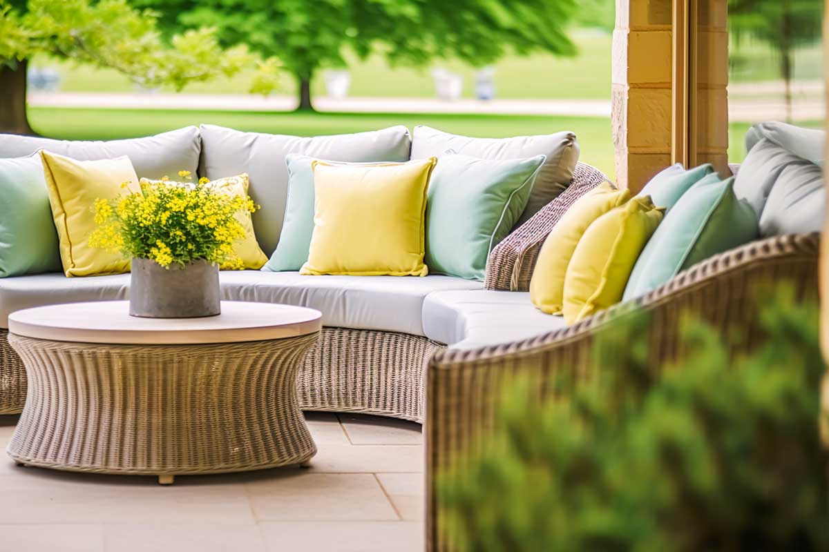 divan et table de jardin en osier avec coussins colorés