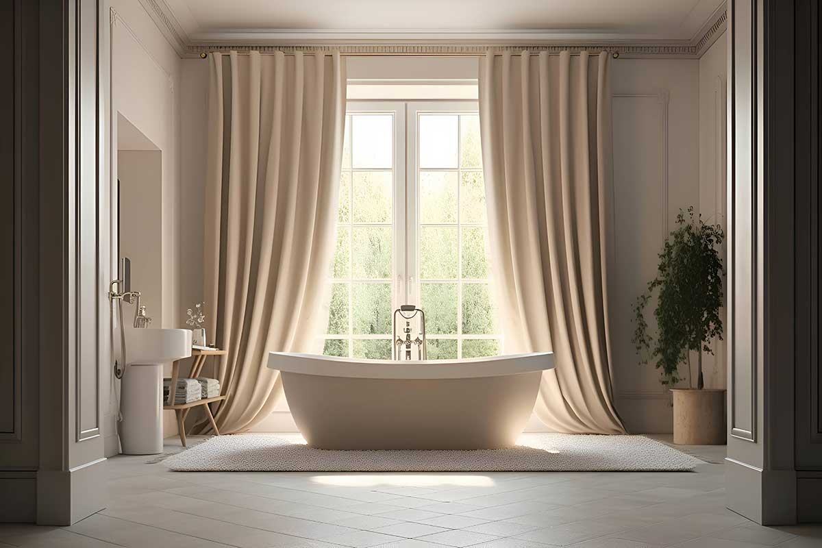 rideaux beige dans une salle de bain de luxe