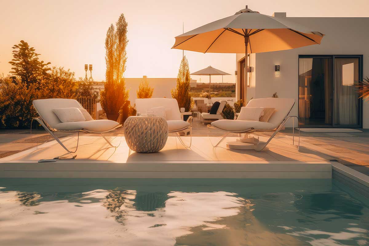 Salon extérieur de luxe devant piscine.