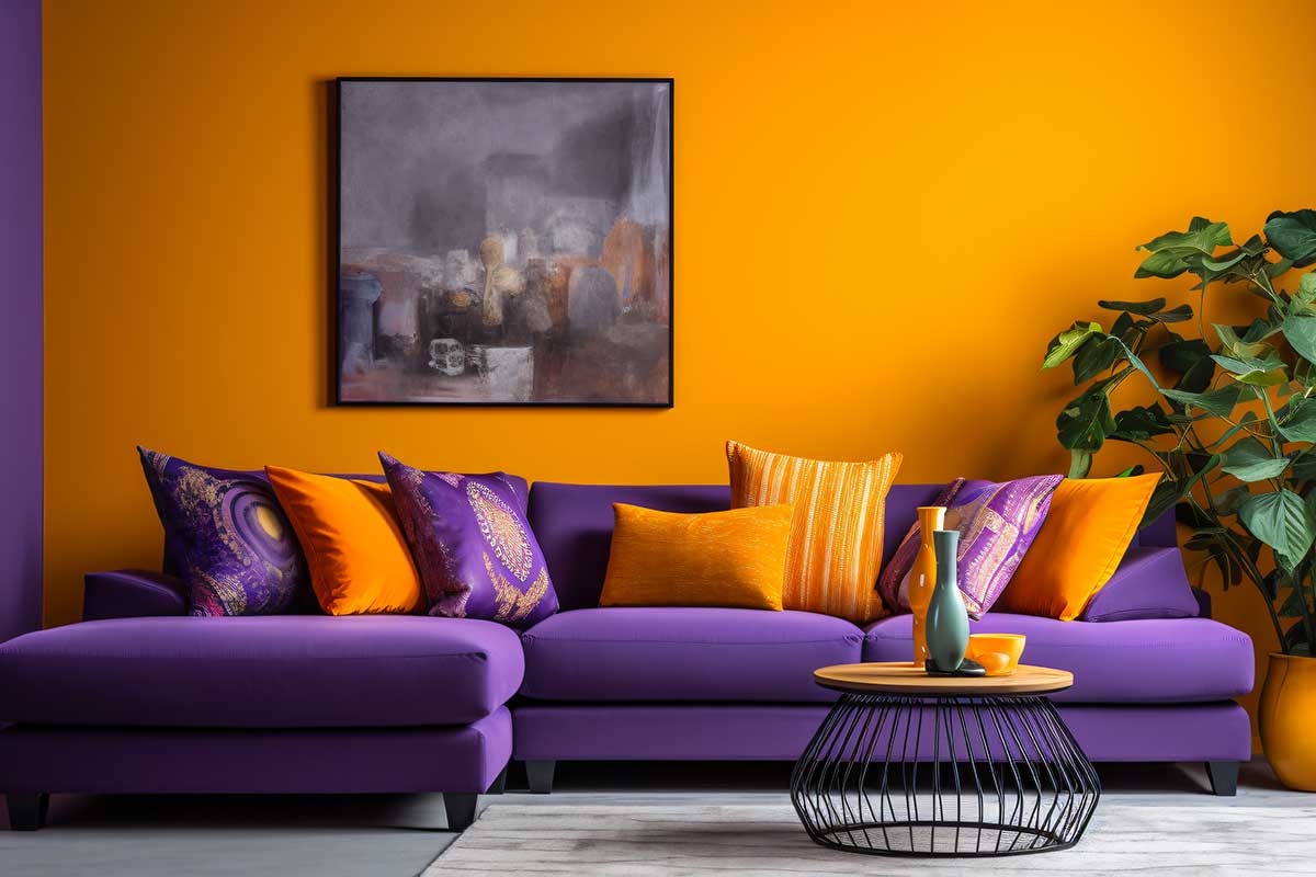salon avec divan couleur lavande et mur orange