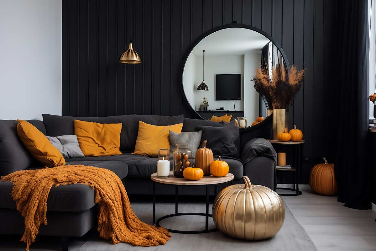 décoration de salon en automne noir et orange