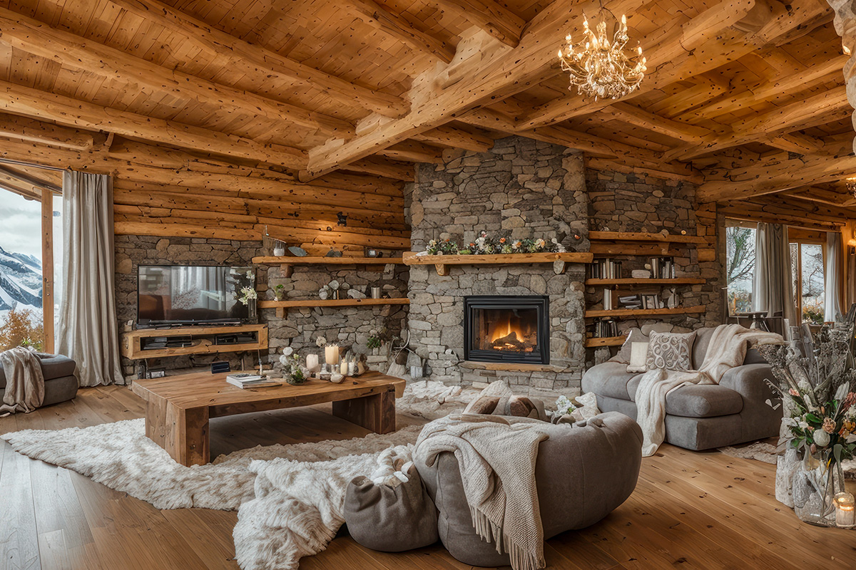 intérieur avec poutre en bois et mur en pierre, une déco avec du caractère