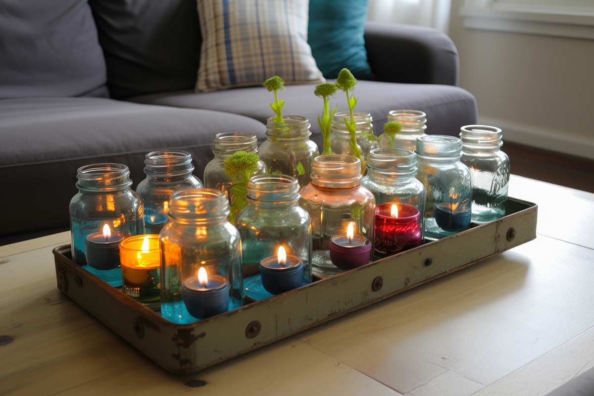 Centre de table avec des bougeoirs faits de pots en verre recyclés.