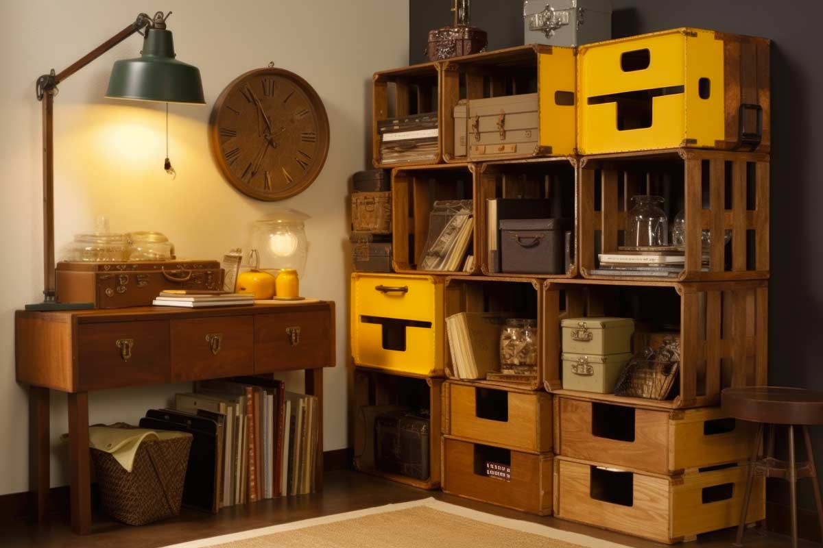 Librairie vintage DIY avec caisses en bois.