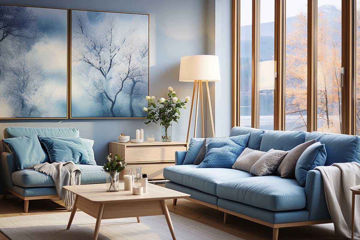 divan bleu glacial avec des meubles en bois