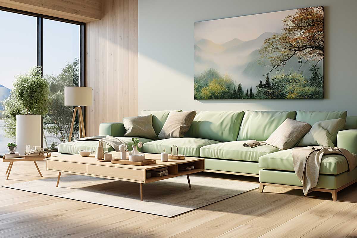salon avec meubles en bois et vert clair