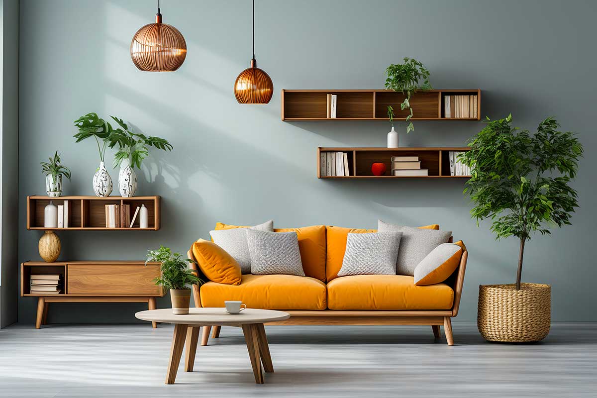 salon avec divan orange e table basse en bois