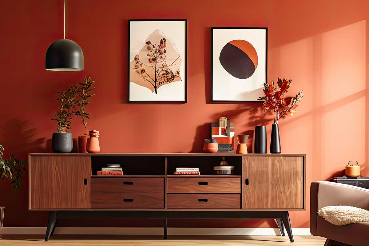 meuble en bois avec couleur orange foncé