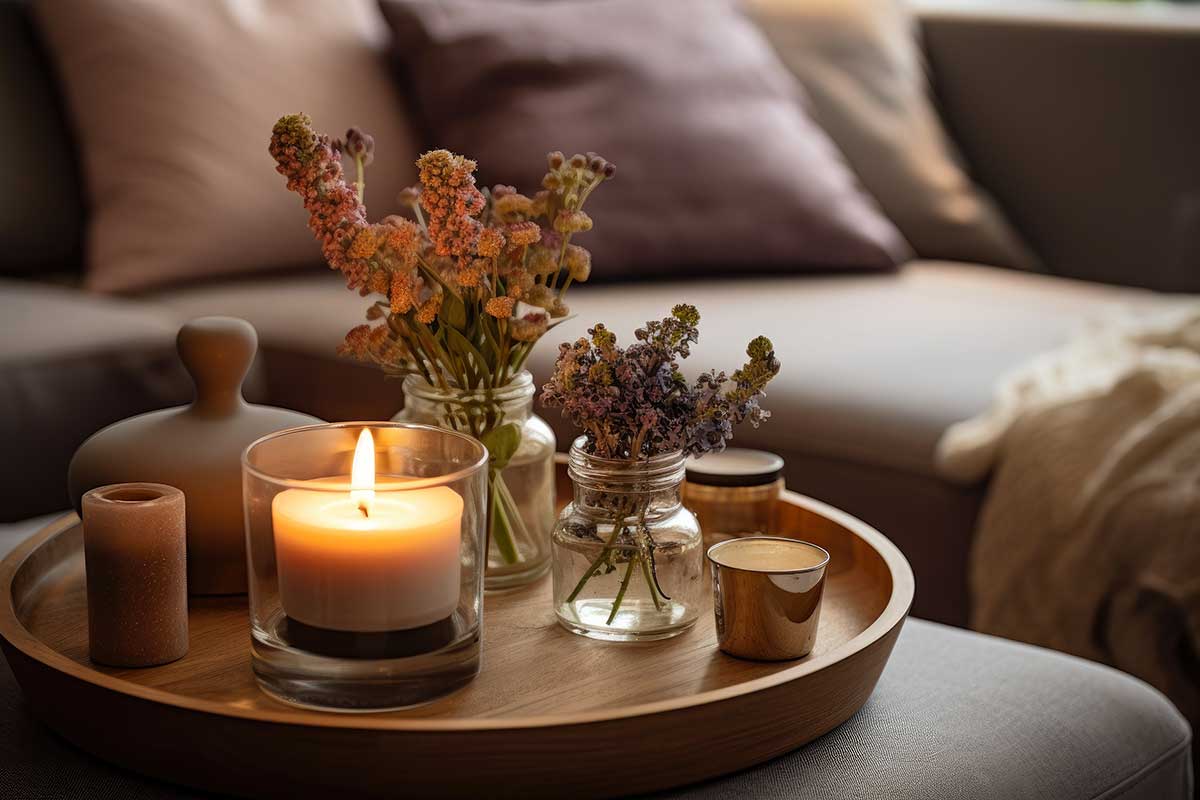 bougie sur plateau avec fleurs séchées sur table basse 