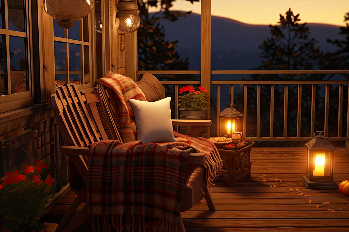 Terrasse en automne avec lanternes.