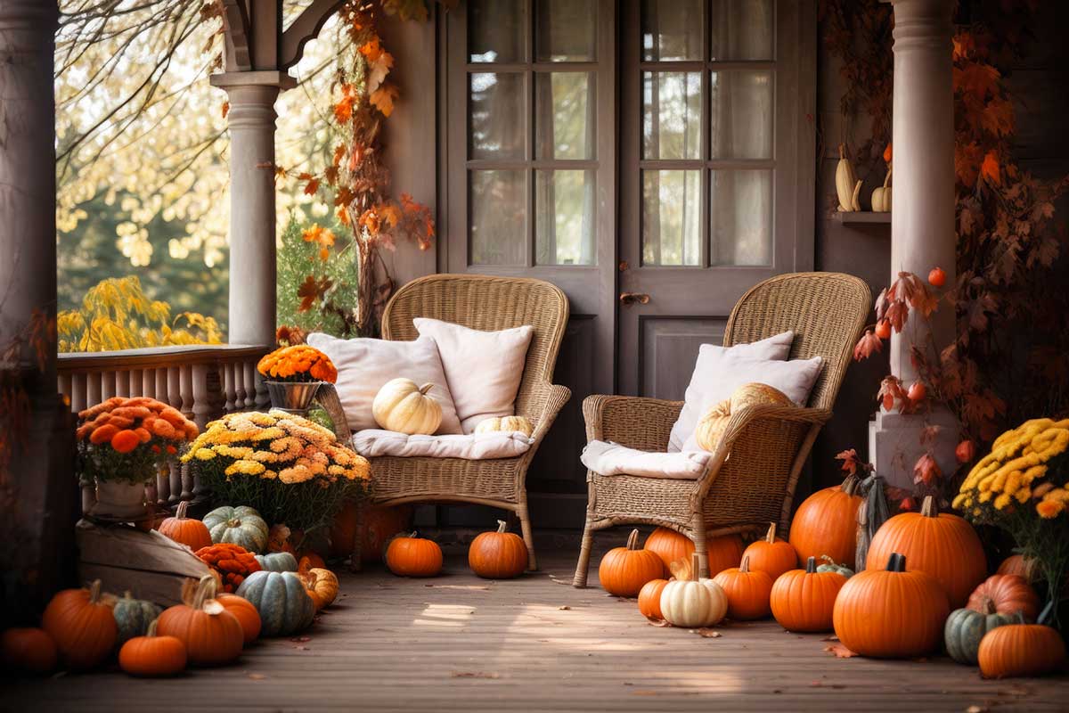 Terrasse avec chaises en rotin en automne.