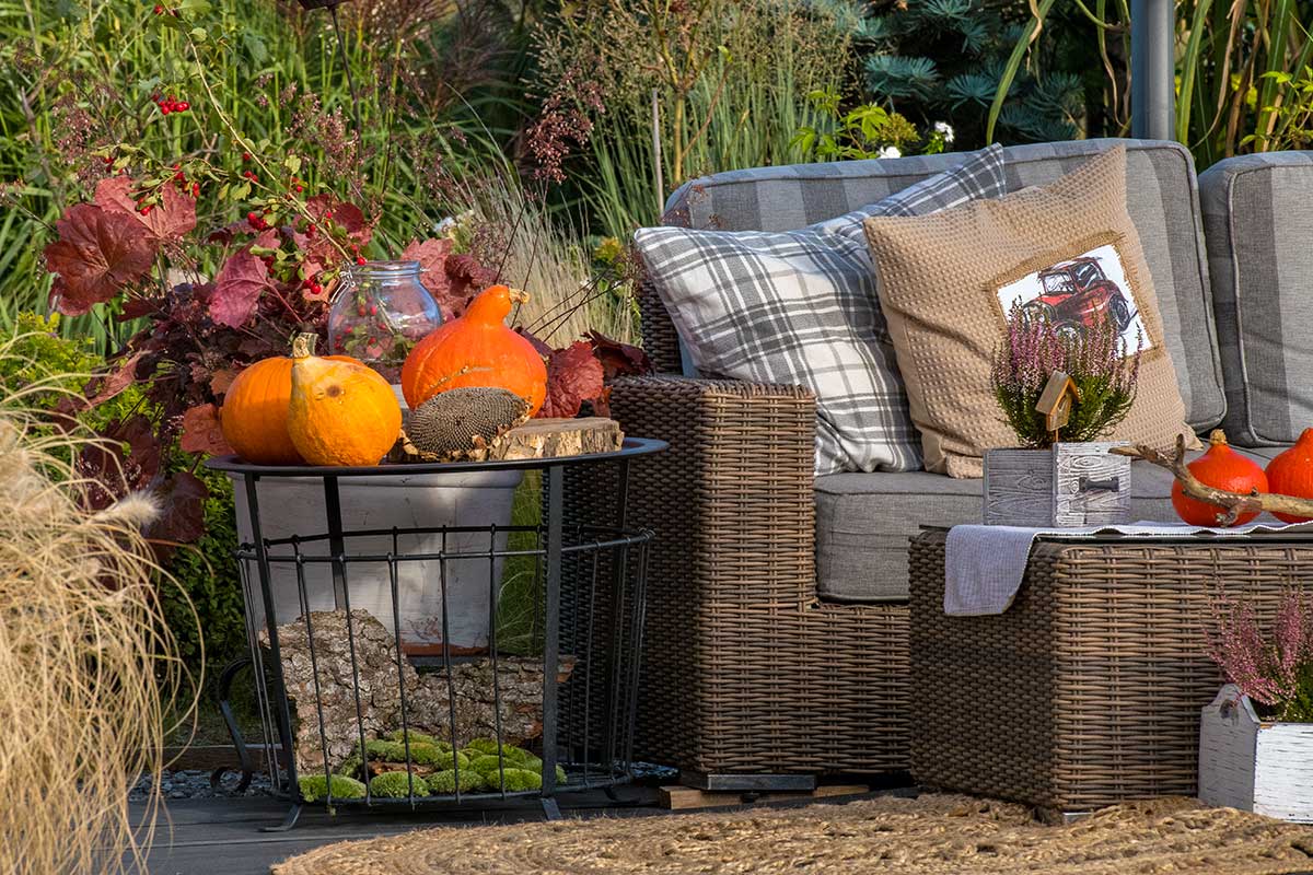 Terrasse avec divan et plantes automnale.