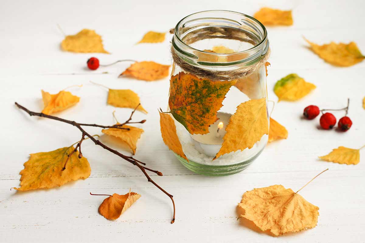 feuille d'automne collées sur un bocal en verre