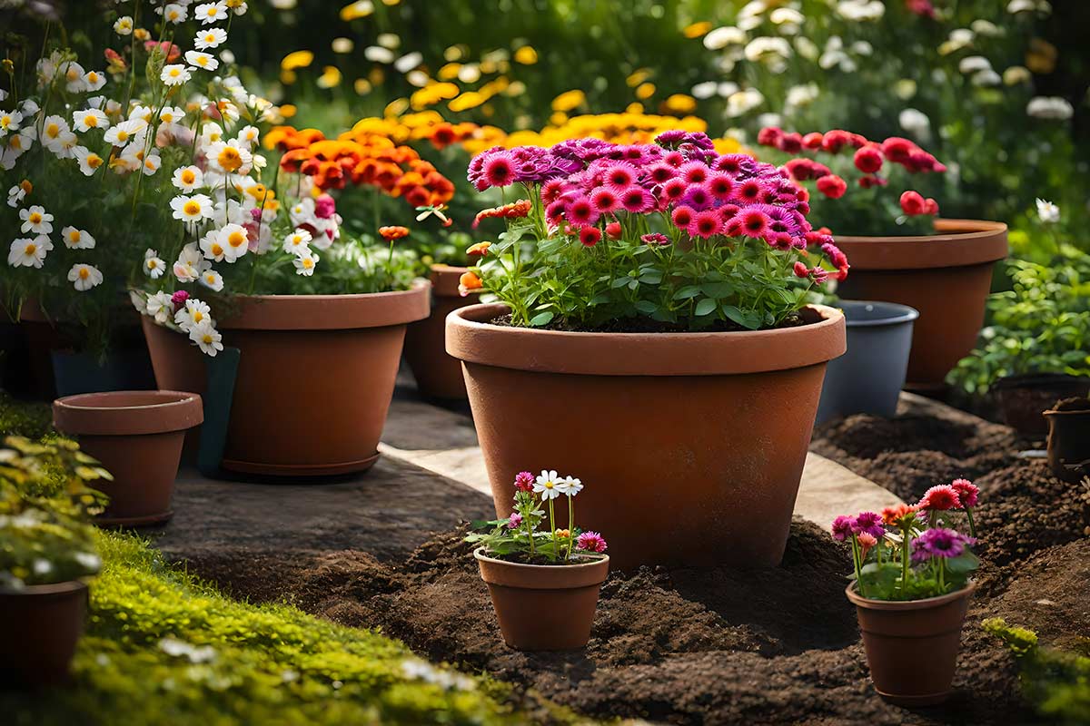 Pots en terre cuite avec des plantes d'automne.