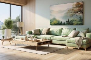 salon bois clair avec canapé vert