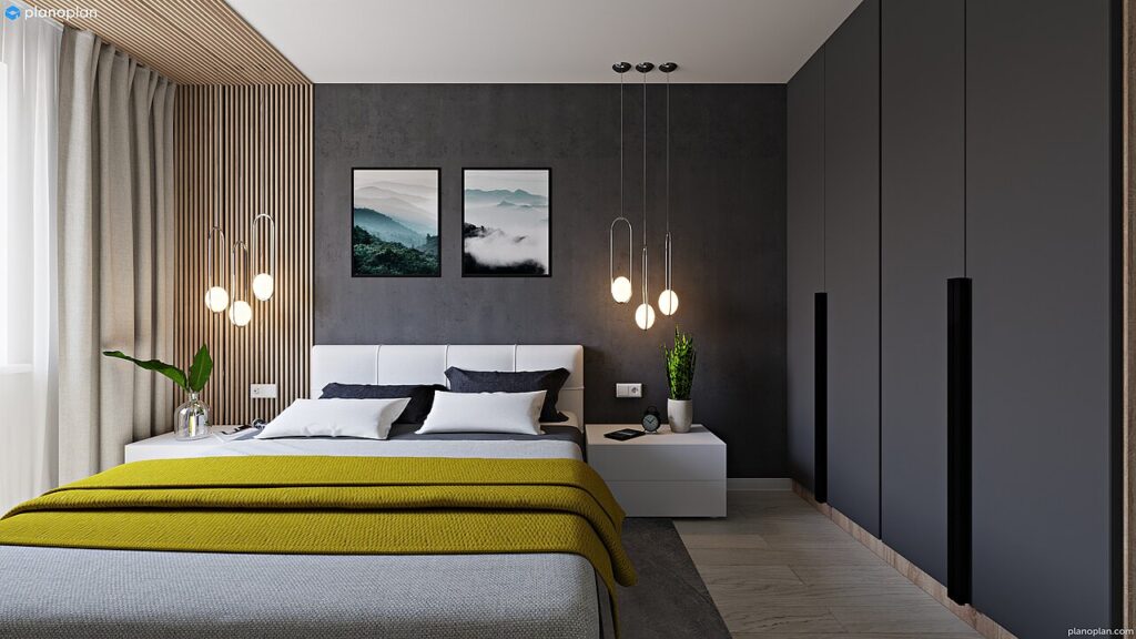 Des rideaux style shabby dans la chambre à coucher - 3D Design of a Bedroom created with 3D online Planoplan software