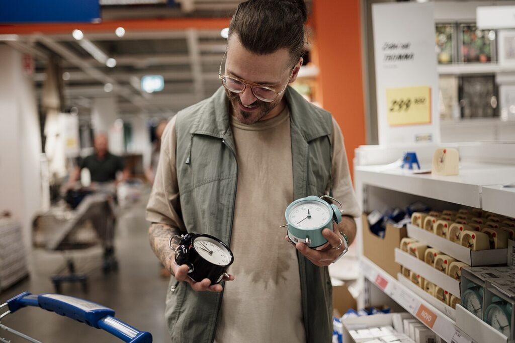 DIY - Man browsing for clocks in a home goods store while enjoying the selection
